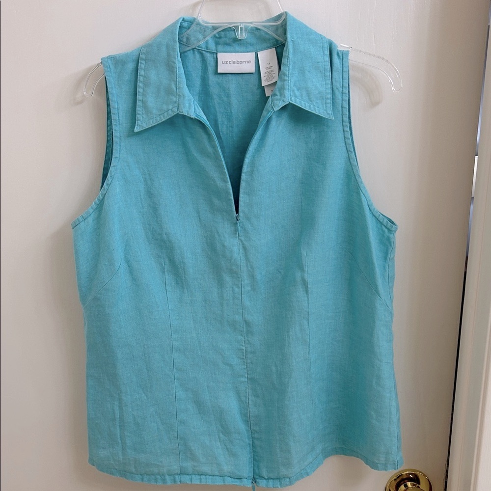 Liz Claiborne 100% Linen Turquoise Blue Aqua Sleeveless Blouse w/ zipper size 14
